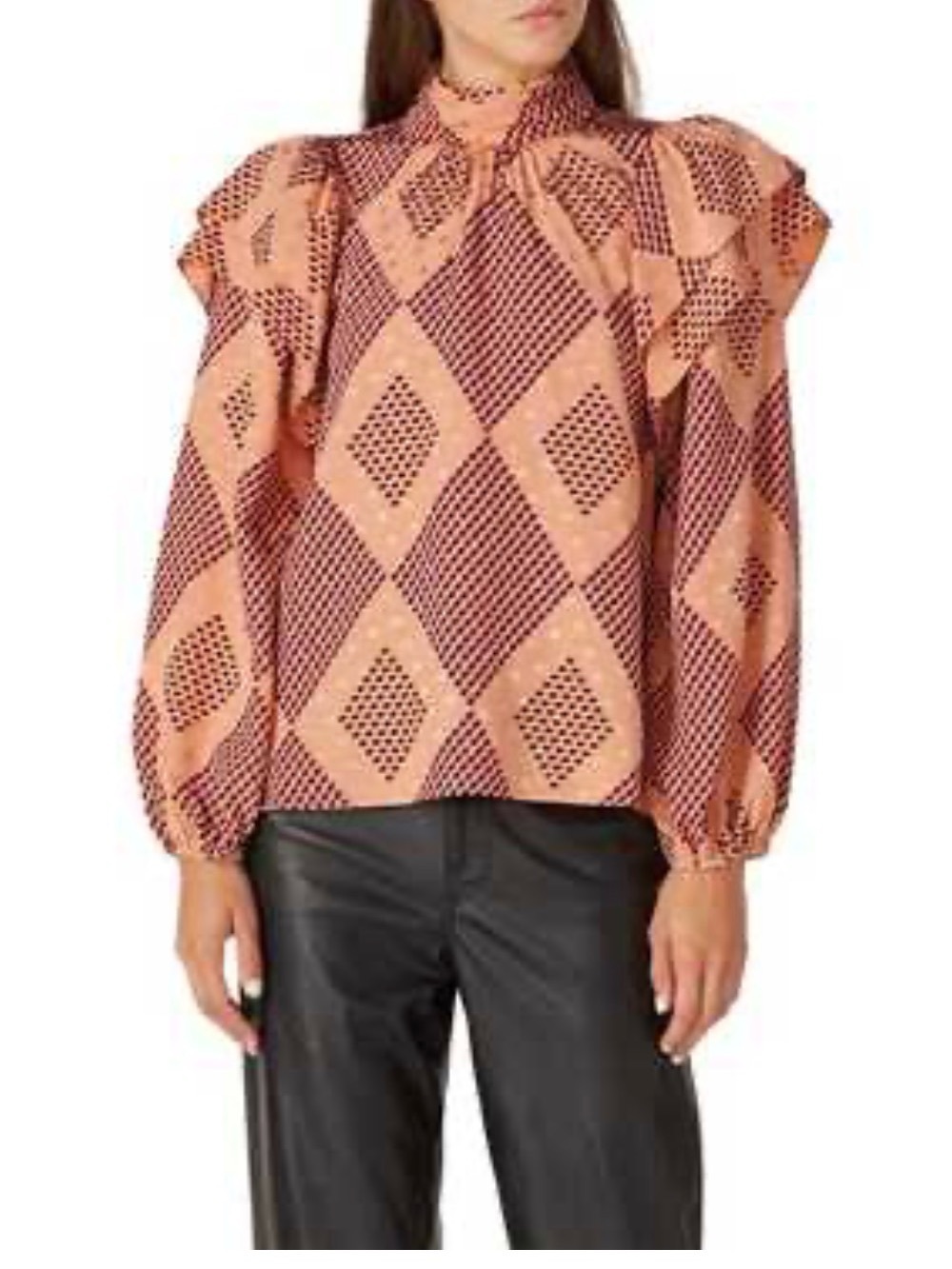 Peach Ruffle-Neck Blouse with Purple Geometric Dot Print